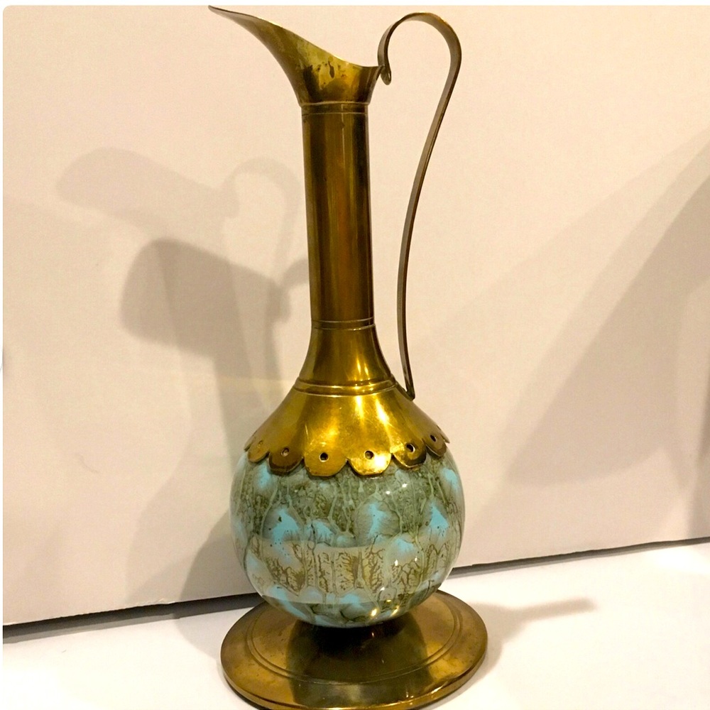 Delft Holland Brass Ewer with Blue/Green Marbled Base~RARE FIND
